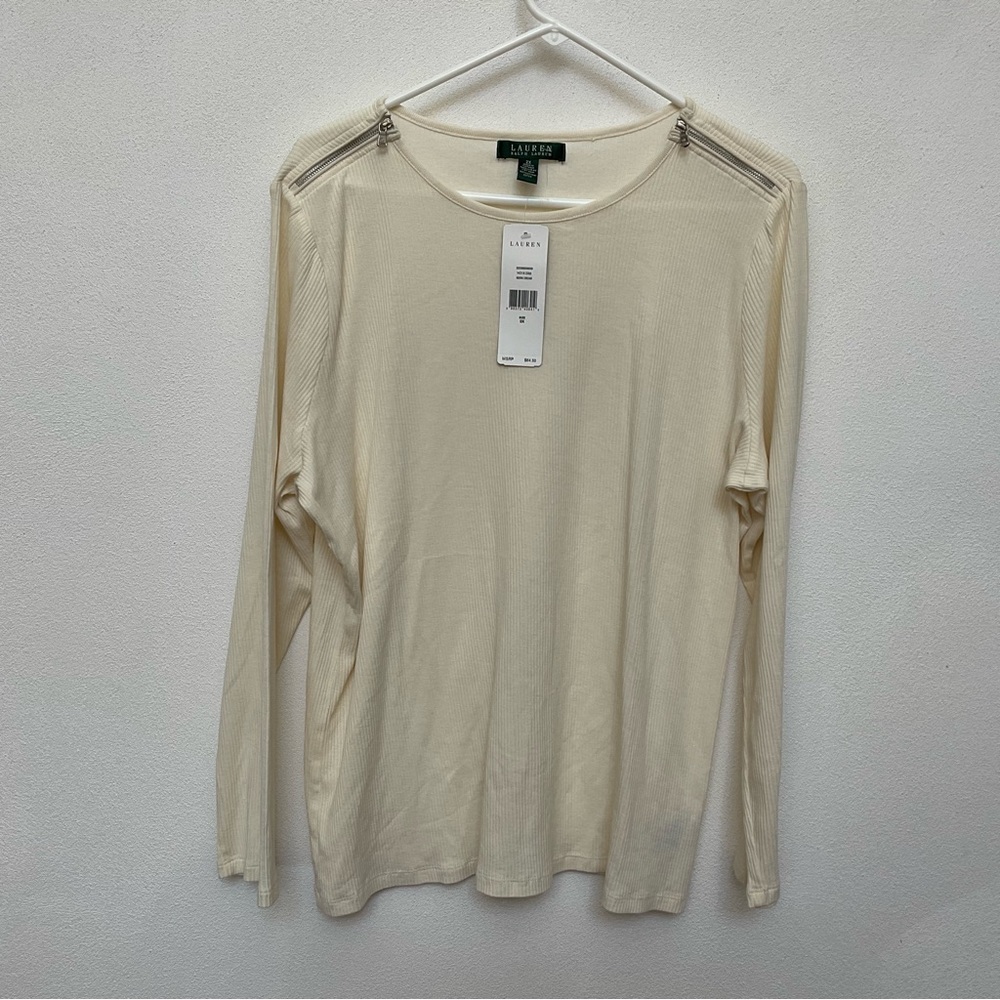 NWT Lauren Ralph Lauren Cream Zipper Shoulder Ribbed Long Sleeve Top Size 2X